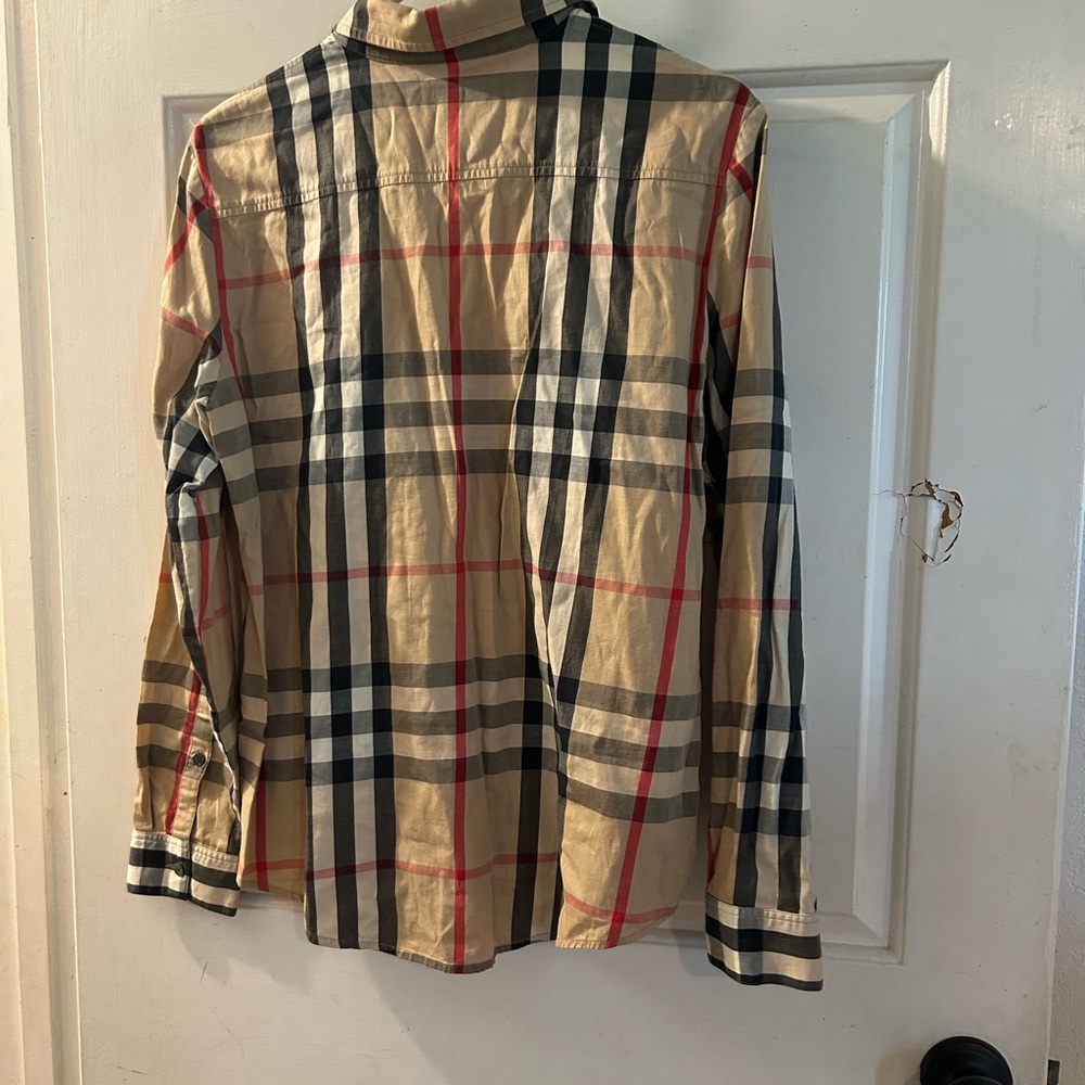 Burberry Beige Plaid Button-Down Shirt with Black and Red Accents - Picture 2 of 2